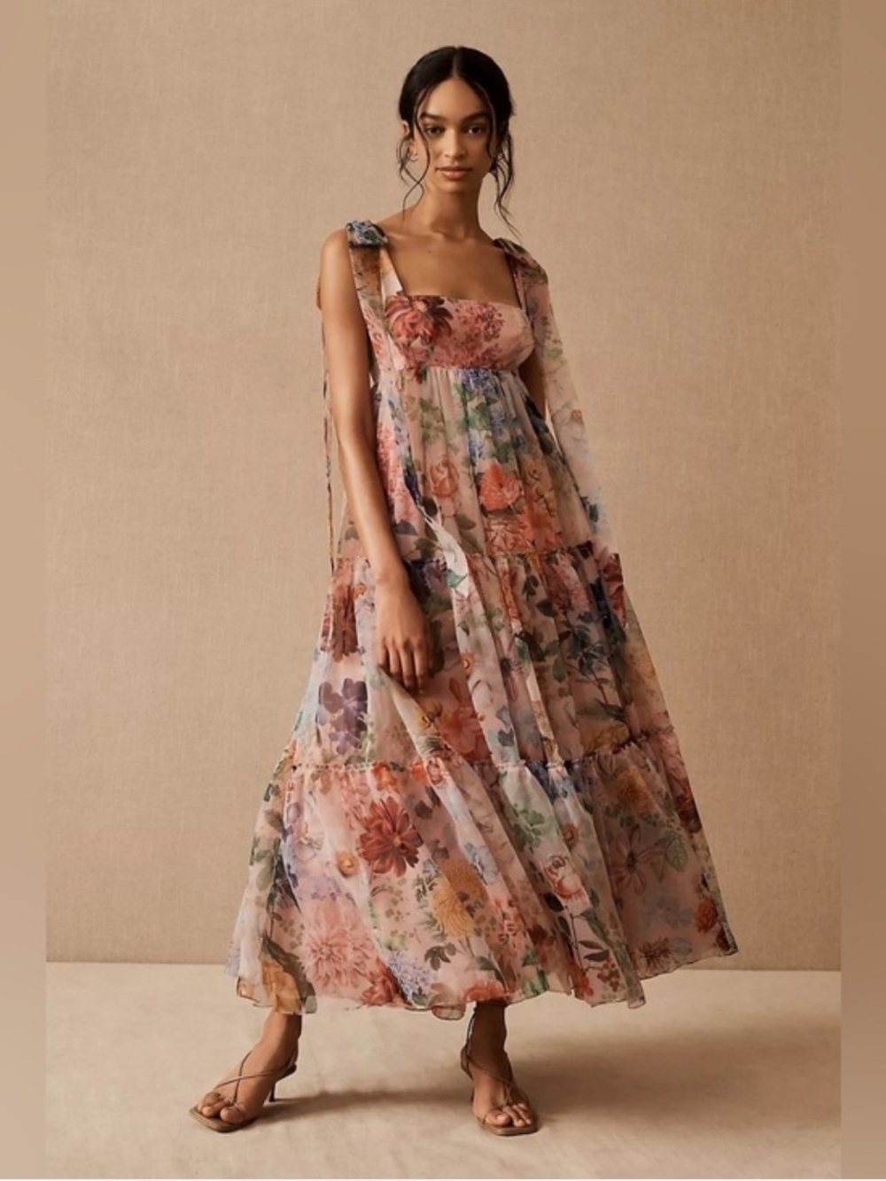 Anthropologie Sheer Floral Tiered Maxi Dress in Blush and Multi
